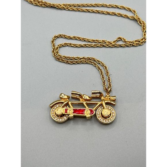Vintage Swarovski Savvy Bicycle Pendant Necklace Crystals Red Enamel Signed Swan - Picture 7 of 11
